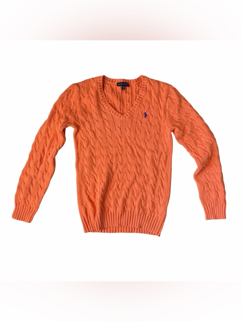 Ralph Lauren Orange Cable Knit V Neck Sweater Pony Logo Womens